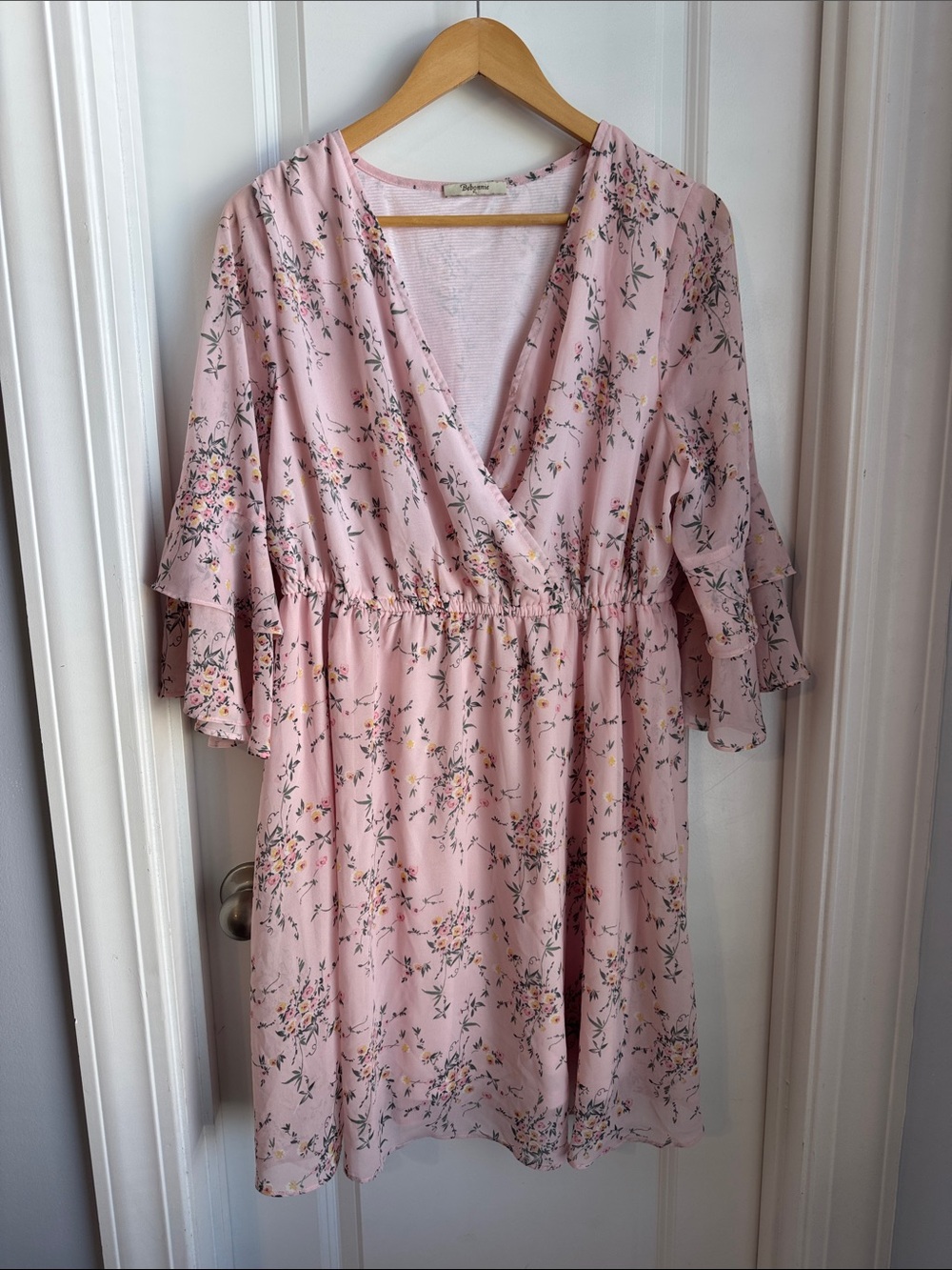 Bebonnie pink floral dress BOHO ruffle sleeve XL